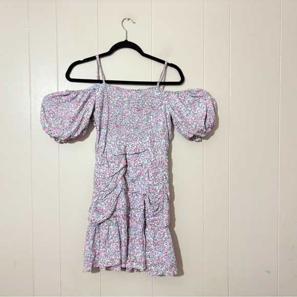 ASTR the Label Rushed Off Shoulder Blue Pink Ditsy Mini Floral Dress Size S - Picture 7 of 9